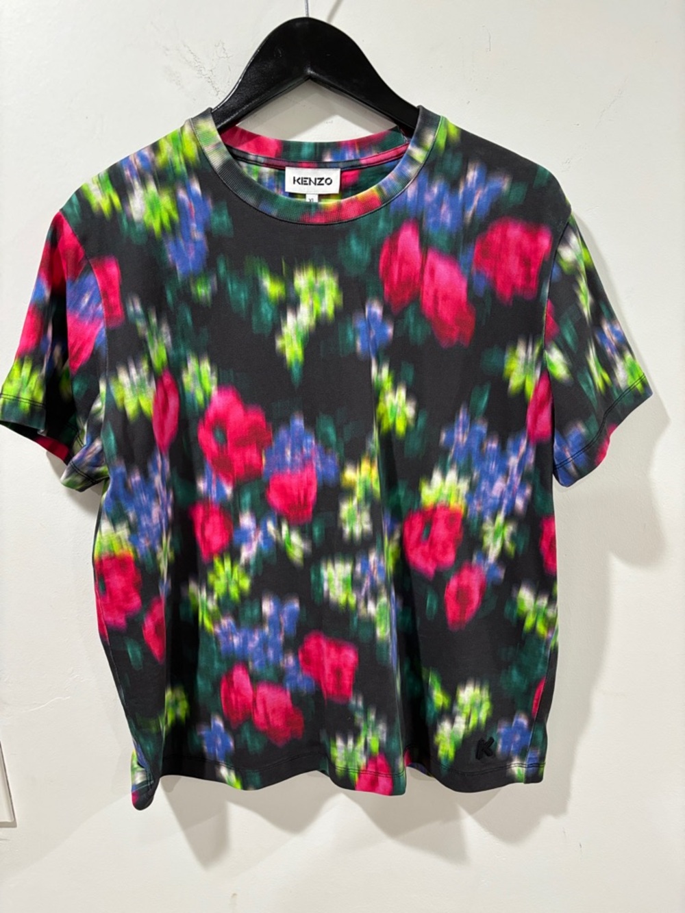 Kenzo Black Tee with Vibrant Pink and Blue Floral Blur